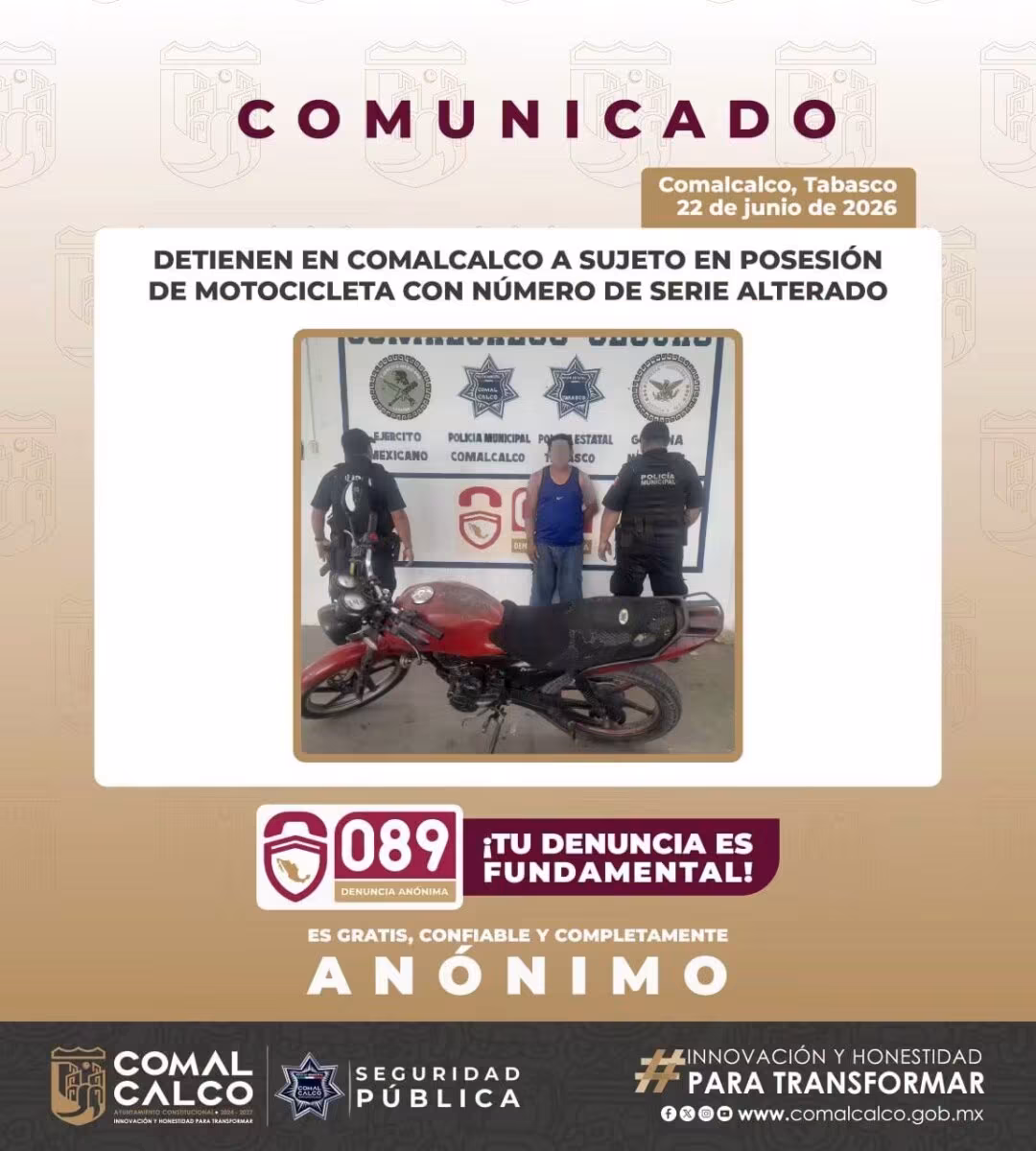 Detienen a motociclista con alteración en el número de serie del motor en Comalcalco