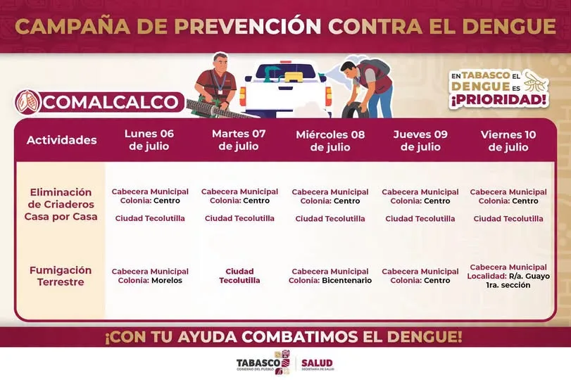 intensifican acciones contra el dengue en Comalcalco del 6 al 10 de julio